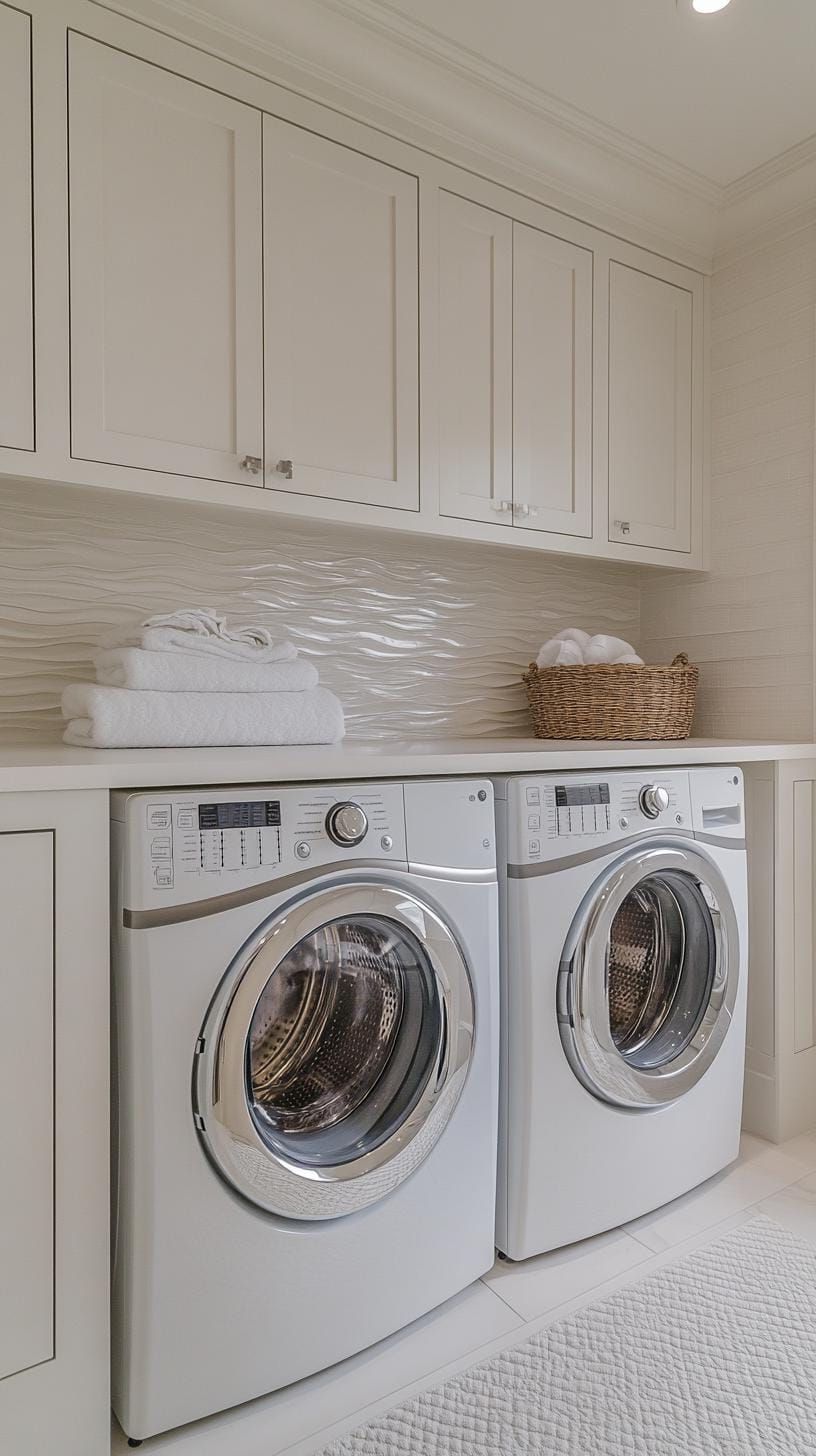10. All-white minimalist laundry nook with textured tile backsplash - photo 2