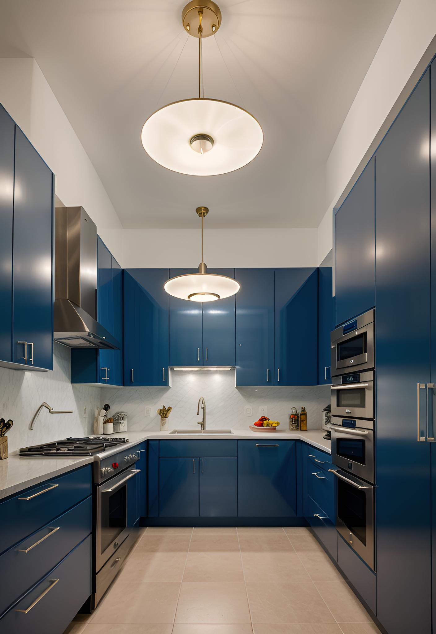 36. Blue Cabinets Paired with Chandeliers - photo 2