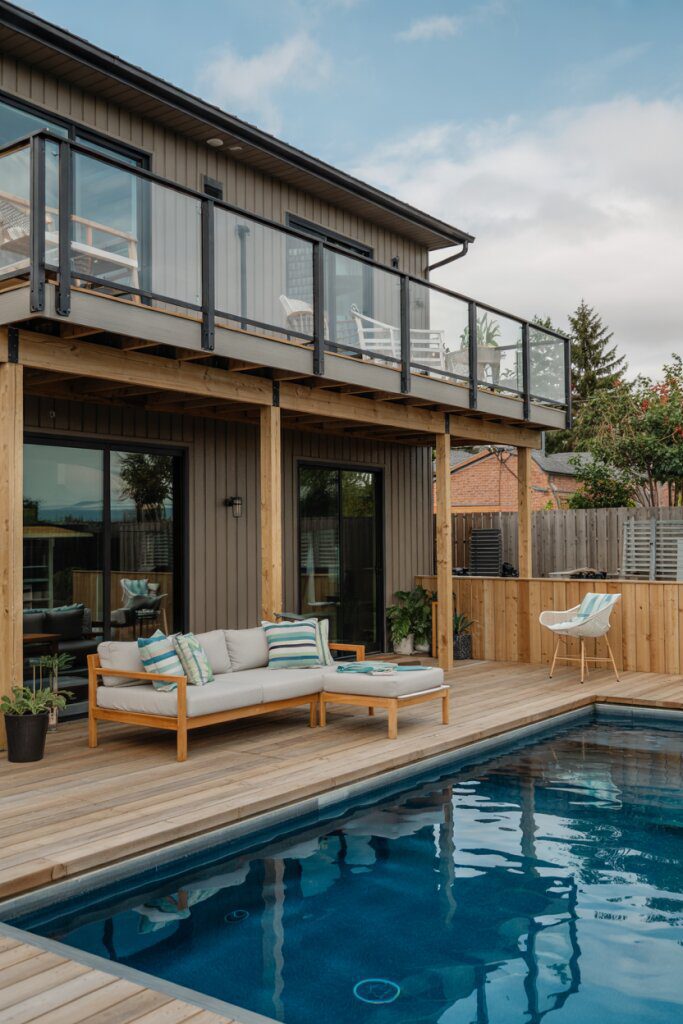 23. Multi-Level House-Attached Deck with Glass Railing