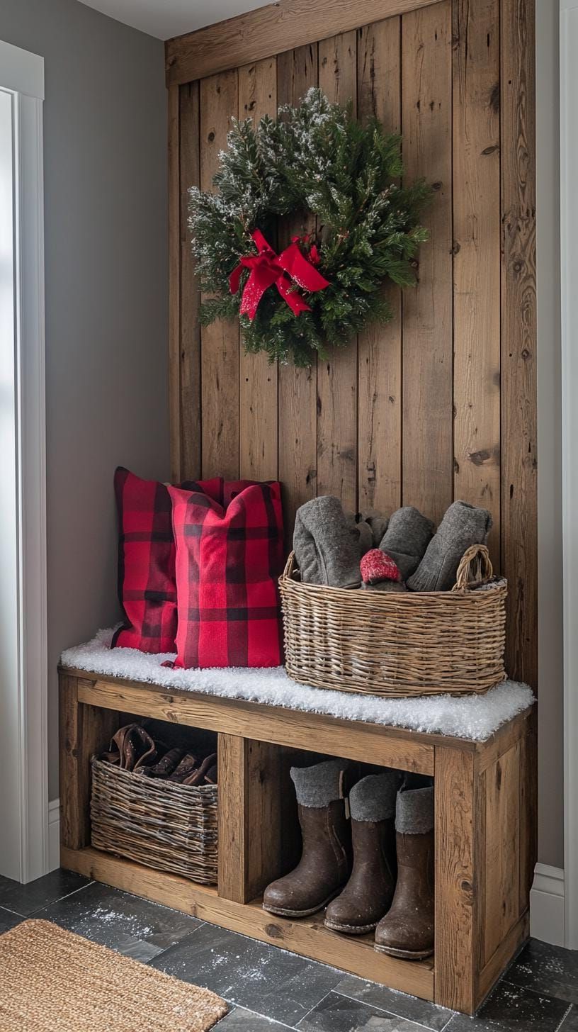 22. Mudroom With Rustic Wood and Winter Accents