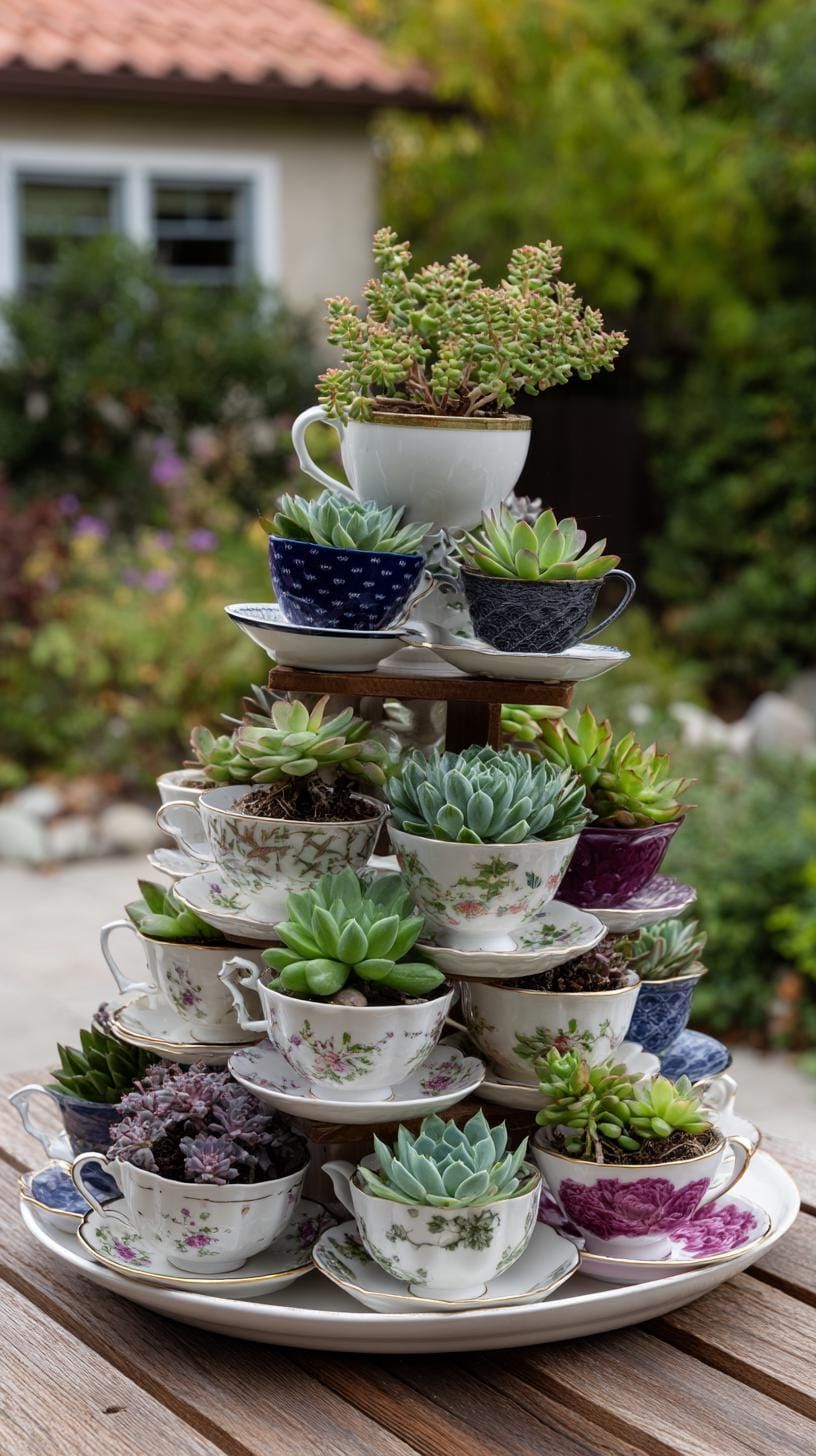 35. A Tiered Teacup Tower Filled with Succulents - photo 2