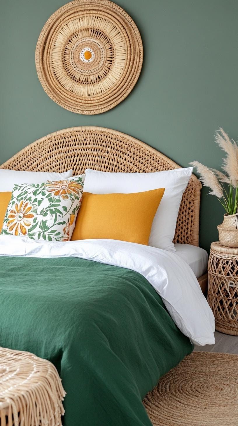 11. Woven Wall Hangings Over A Green Bed Palette - photo 2