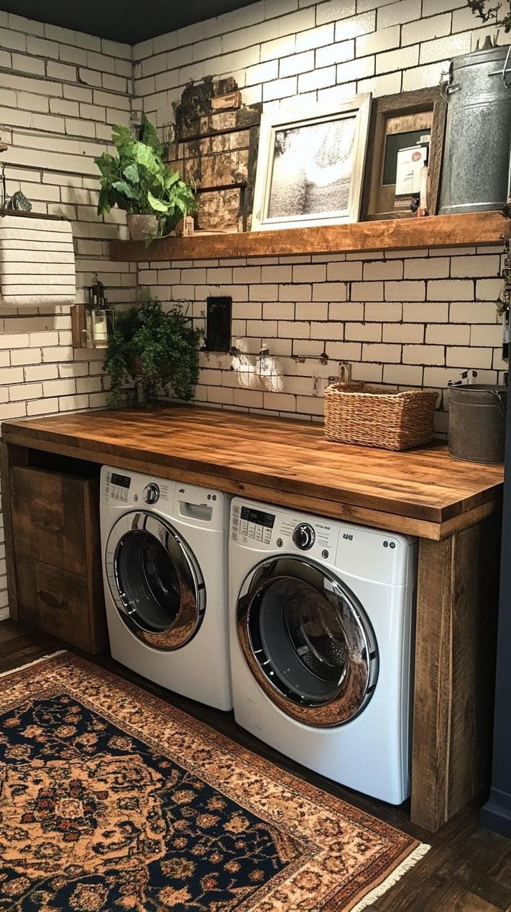 4. Butcher block countertop spanning front-loading machines in alcove - photo 2