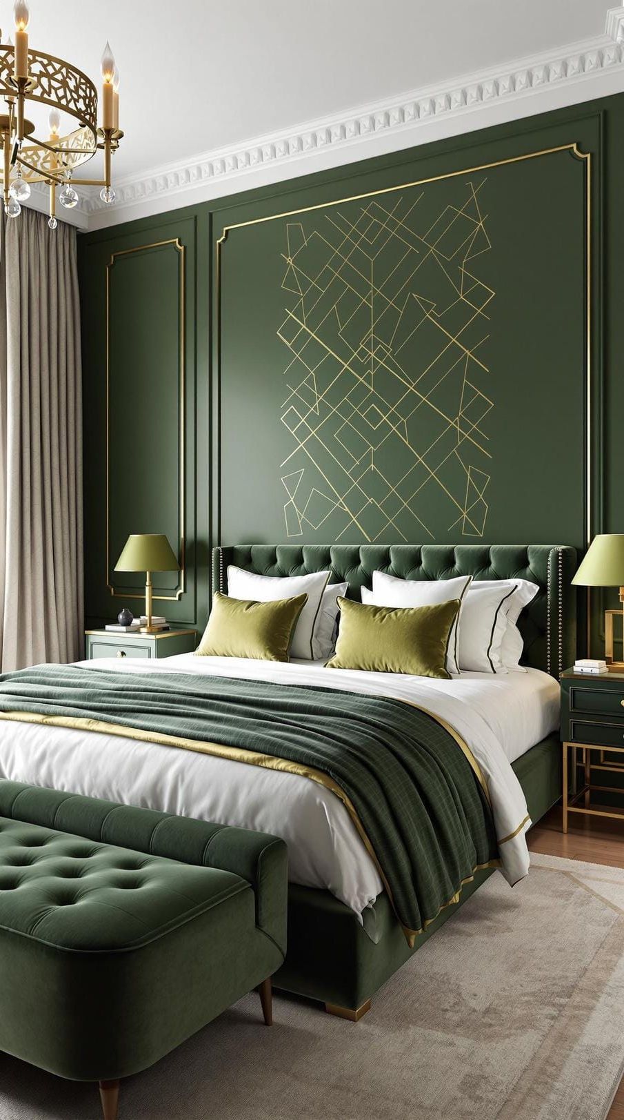 5. Modern Olive Green Bedroom with Gold Accents