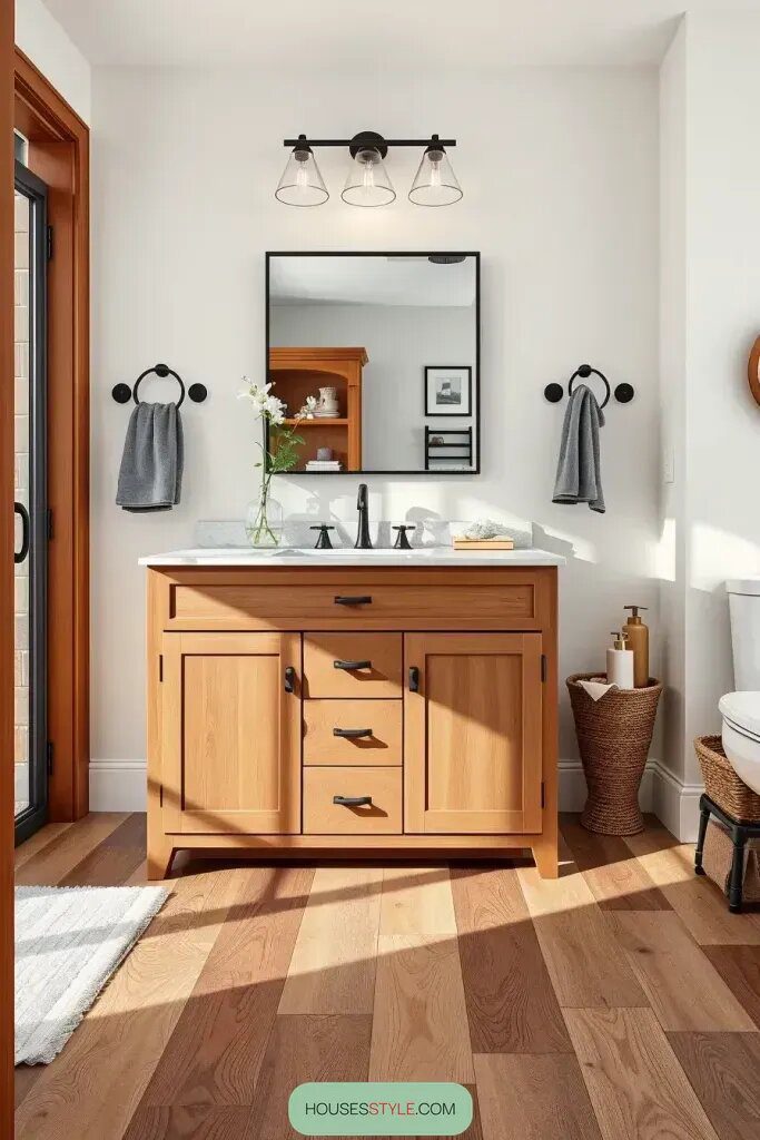 Updating Bathrooms With Wood Tile Floors and Vanities
