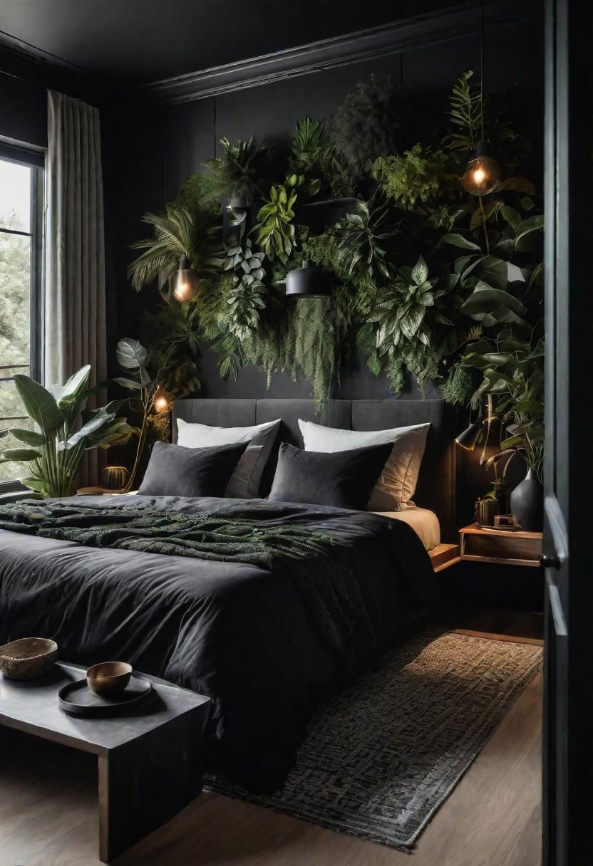 18. Adding Greenery to a Black Bedroom