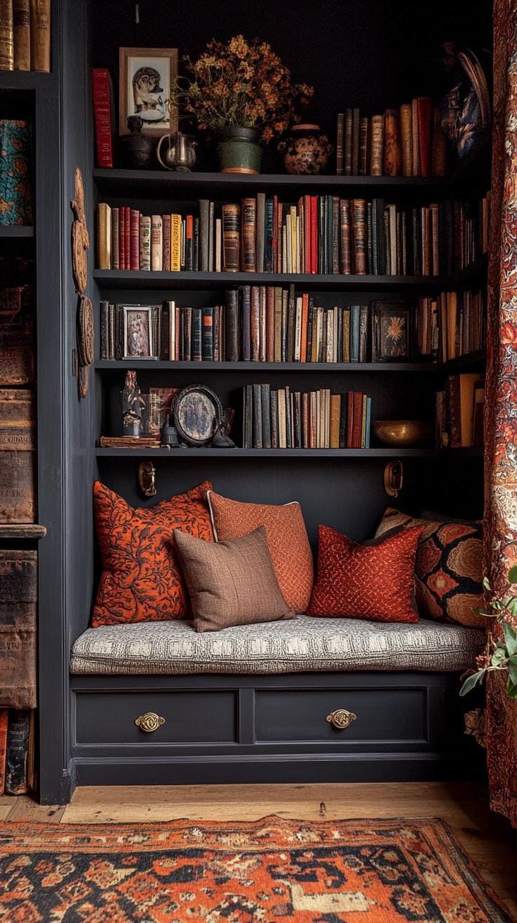 10. Dark Bookshelf Wall With A Reading Nook - photo 2