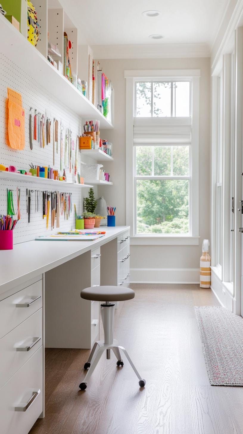 15. Narrow Craft Room With a Long Worktable and Pegboard - photo 2