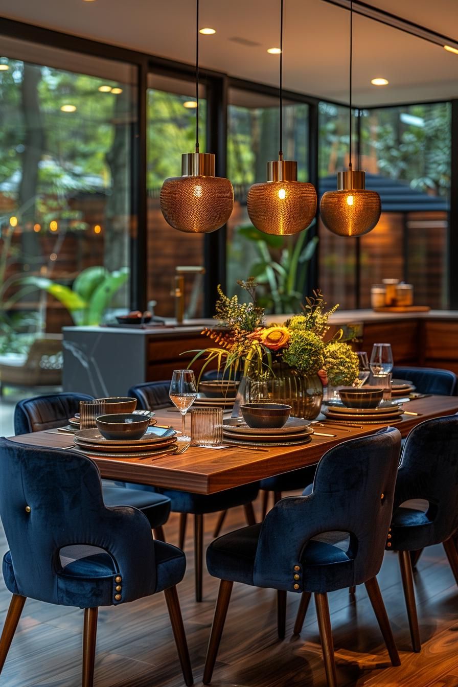 14. Brass-Trimmed Velvet Dining Chairs