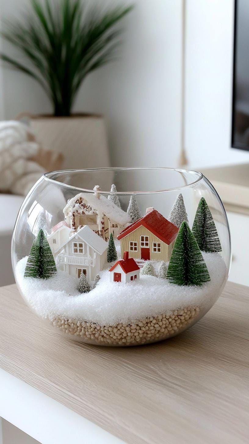 17. Glass Bowl of Faux Snow and Tiny Houses