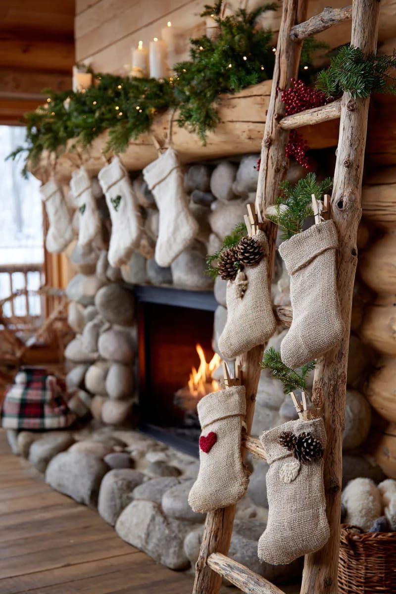 Burlap stockings on a wooden ladder by the fireplace - photo 2