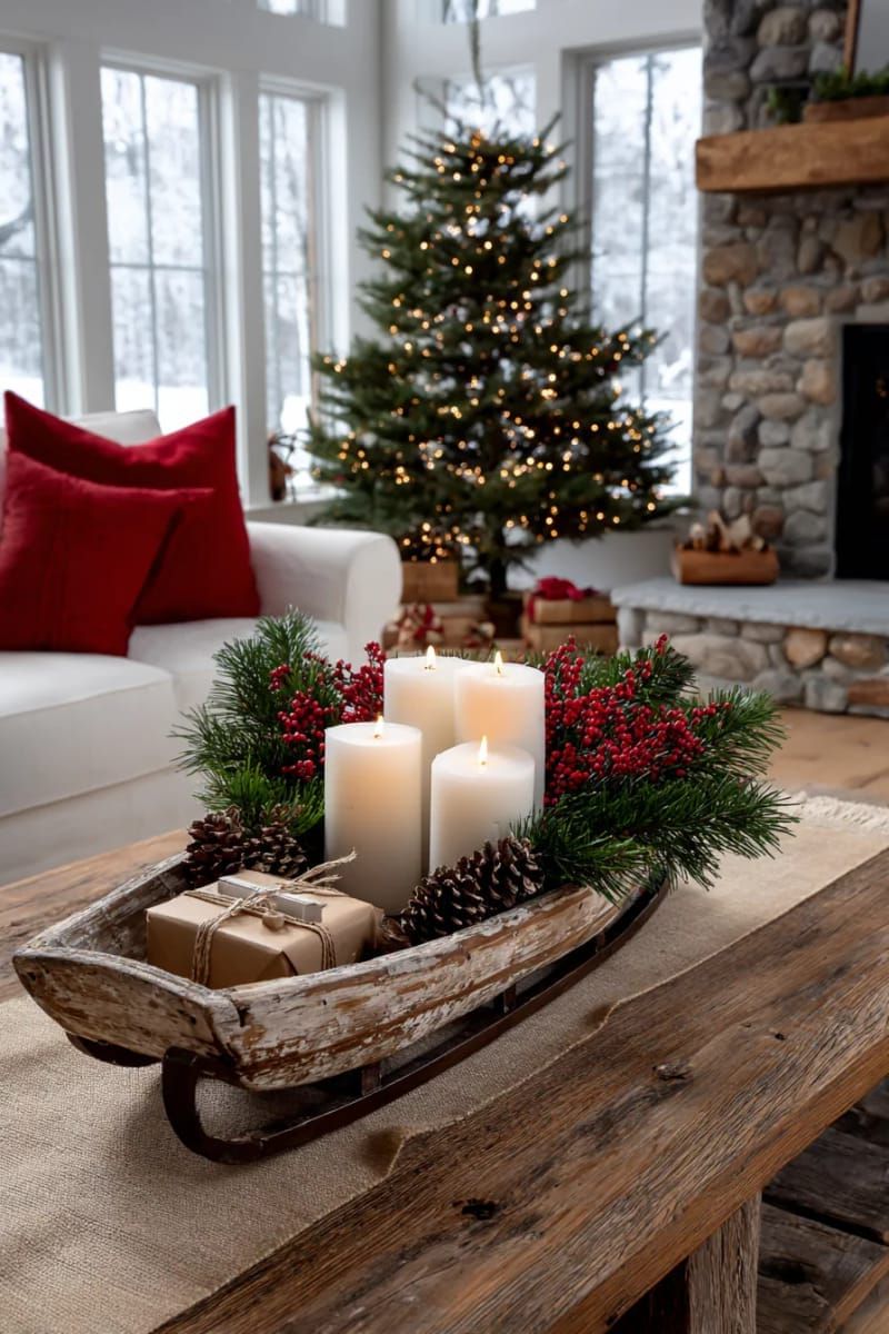 5. Vintage sleigh centerpiece with candles and greenery - photo 3
