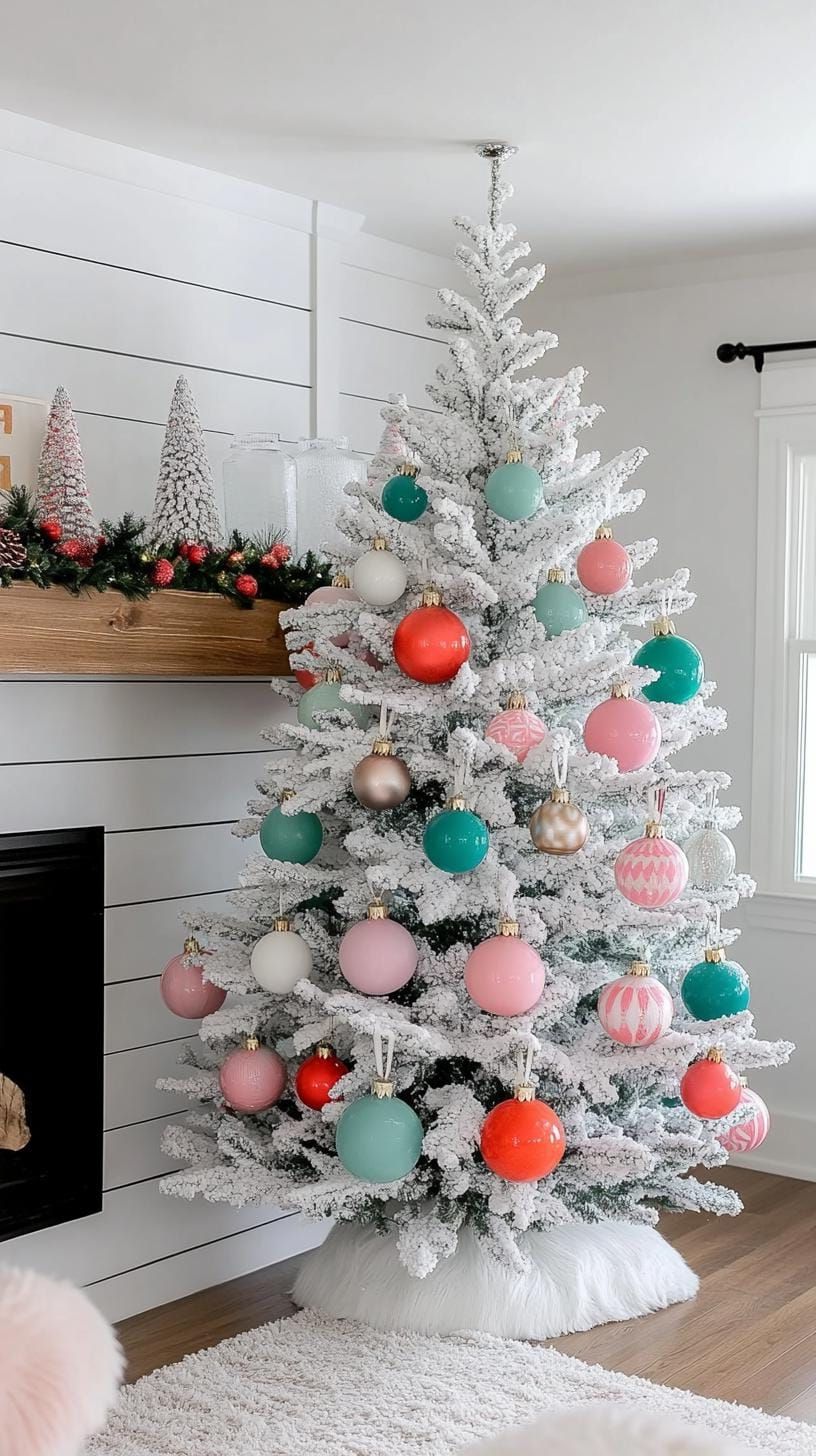 3. White flocked trees with pastel retro baubles - photo 2
