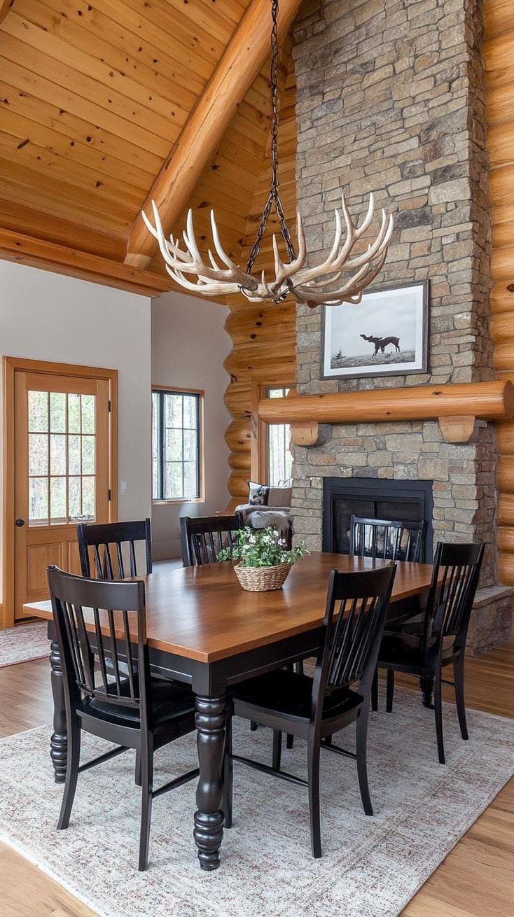 14. Log Cabin Dining Area With Antler Chandelier - photo 3
