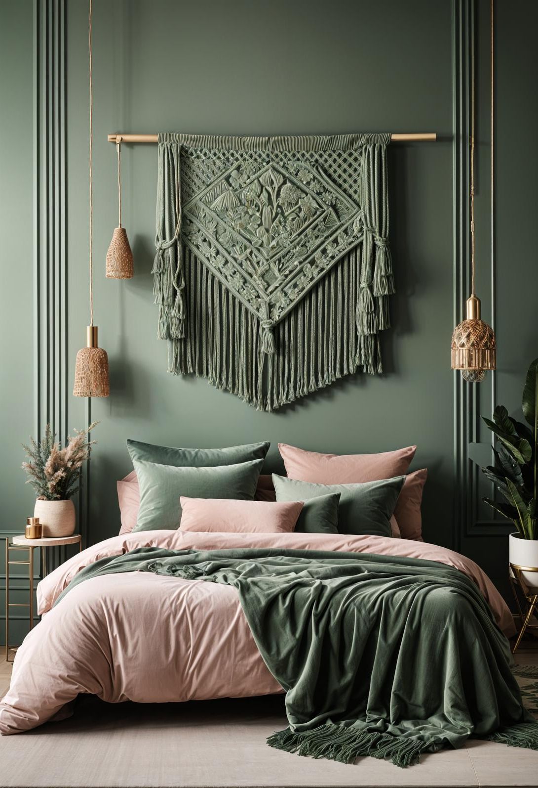 2. Boho-Chic Sage and Blush Bedroom Decor