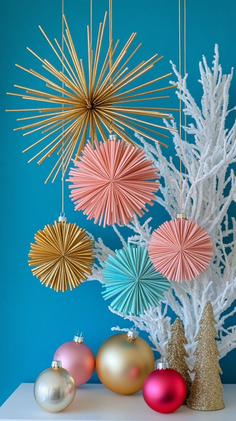 1. Starburst atomic ornaments in pink gold and turquoise