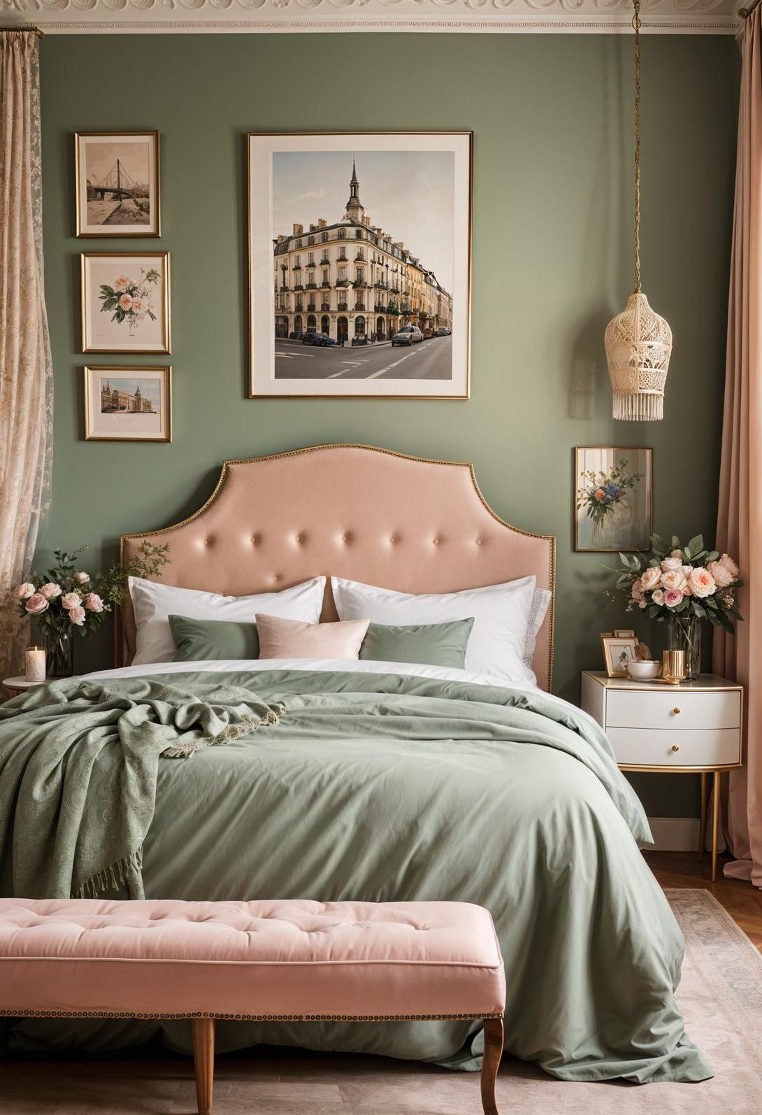 18. Parisian-Style Sage and Blush Bedroom
