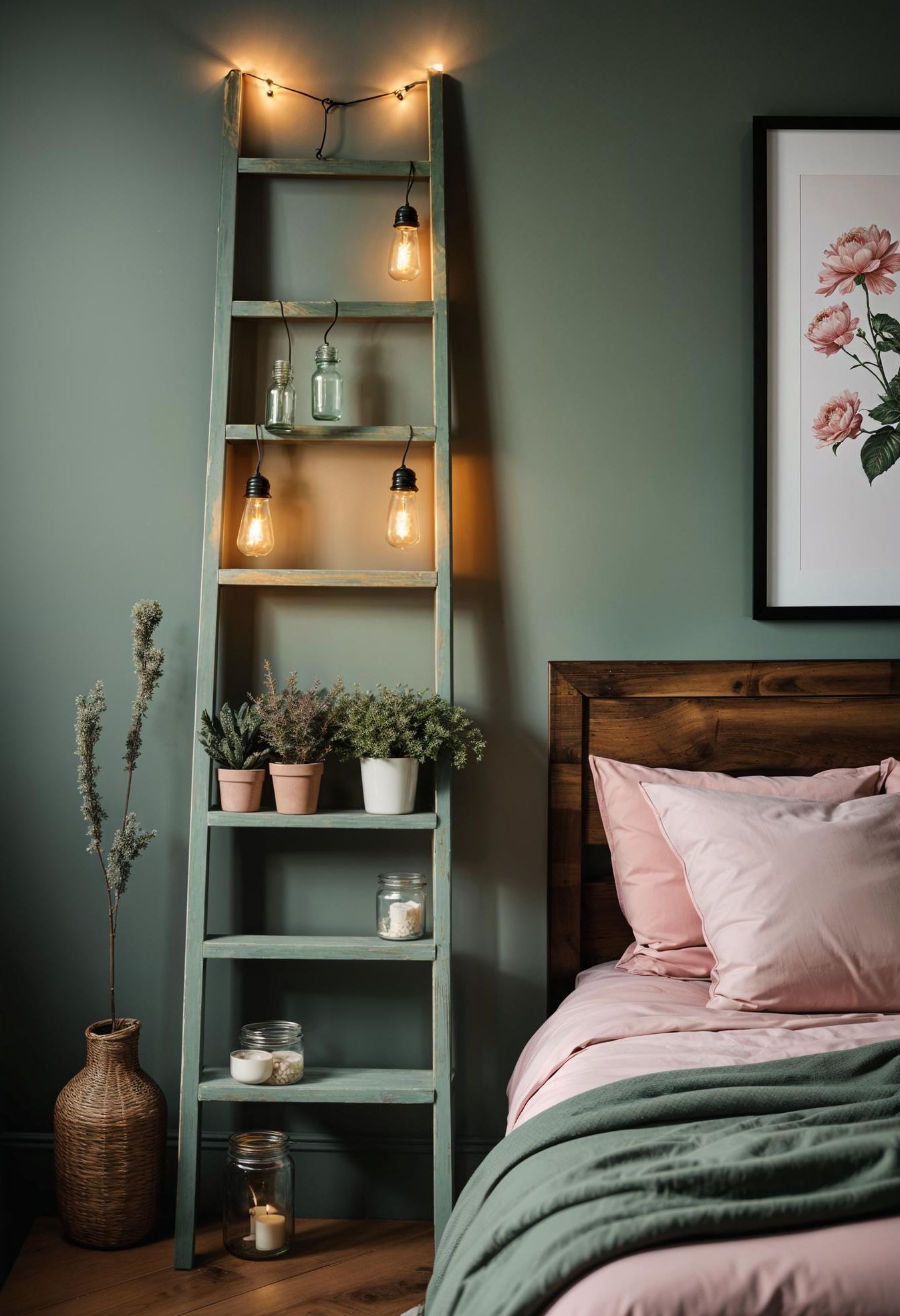 27. Sage Green Ladder Shelf with String Lights