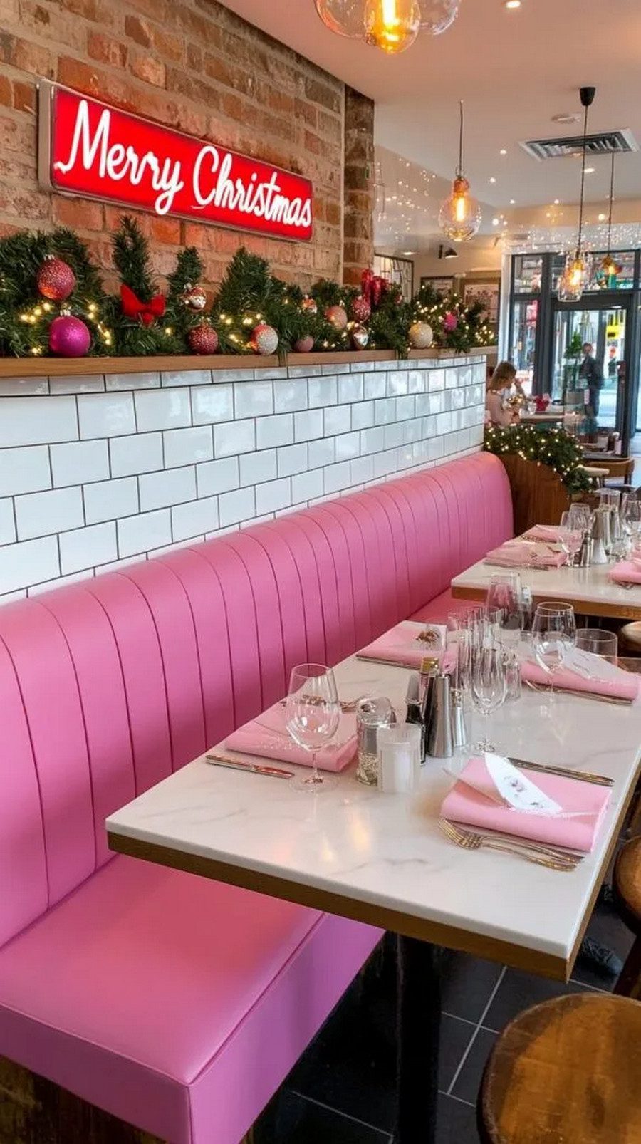19. Restaurant-Style Christmas Table with Neon Signage
