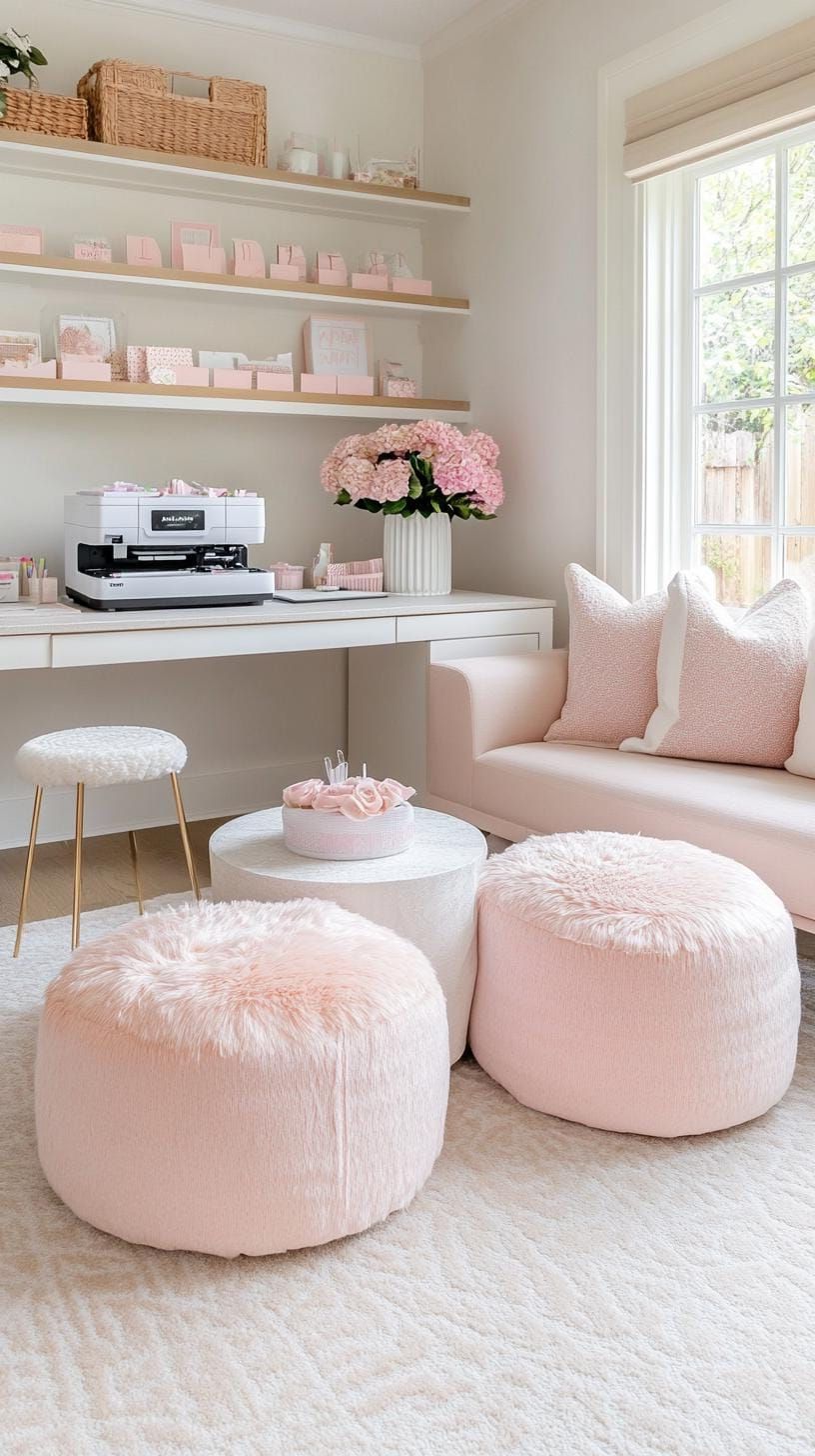 16. Soft Pink Craft Room With a Wrap Desk and Cricut Shelf - photo 2
