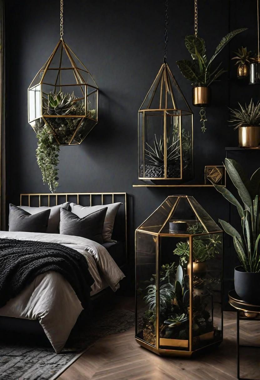 11. Dark Boho Decor with Geometric Terrariums