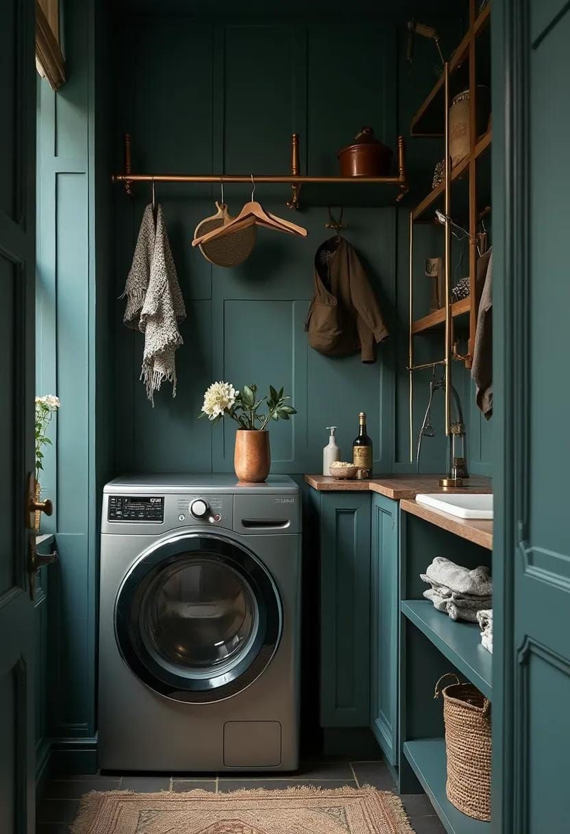 9. Moody dark teal walls paired with copper hanging rods - photo 2