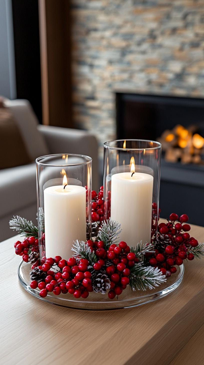 2. White candles and red berries in glass