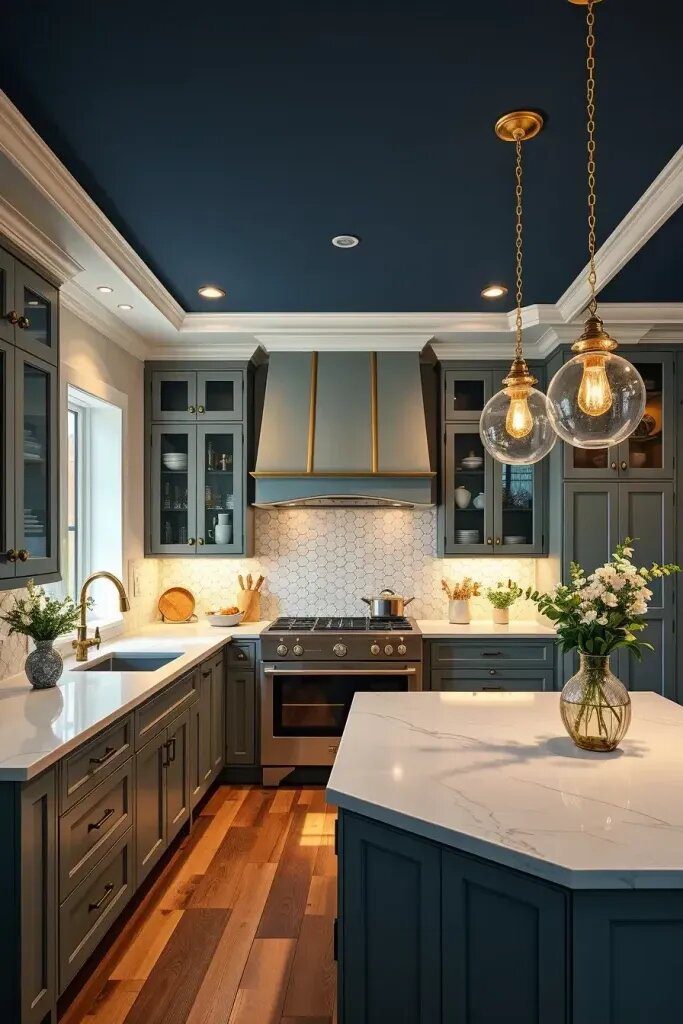 Sage Wall Units Under a Moody Blue Ceiling