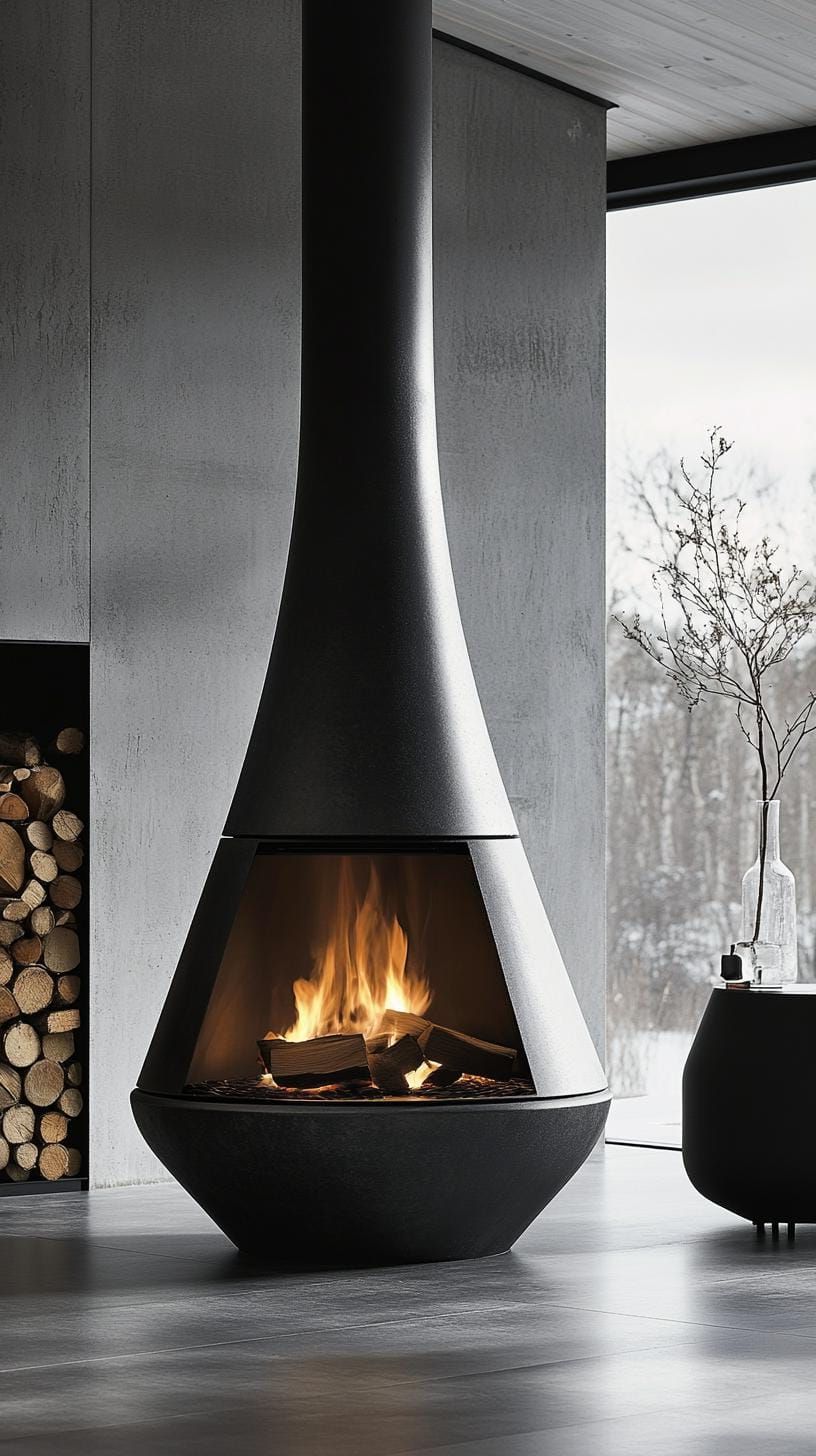 4. Sleek black metal fireplace with concrete surround and wood storage - photo 3