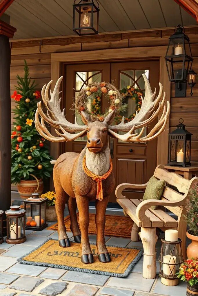 Wooden Moose Statues with Wreath Antlers