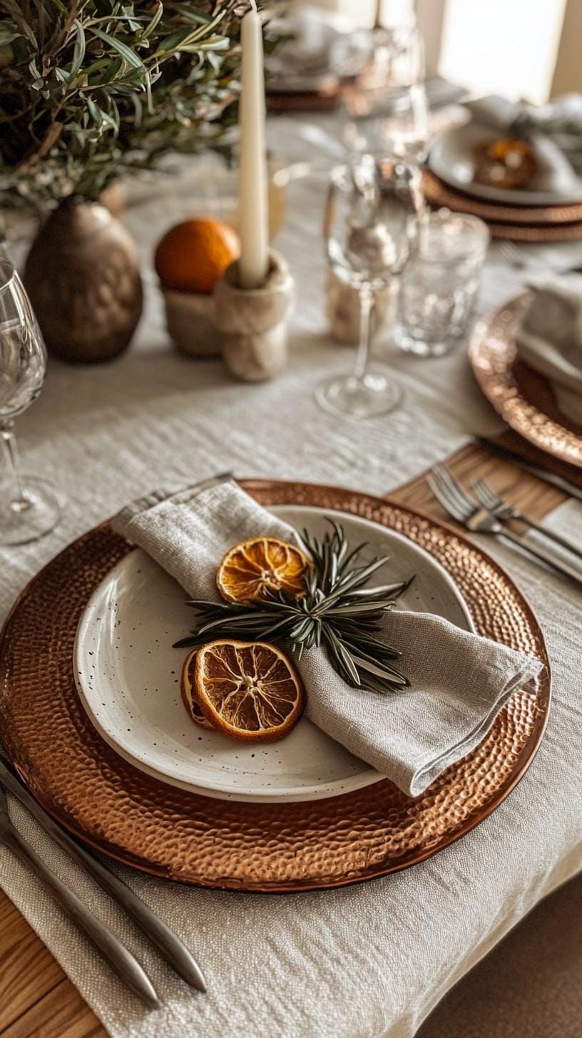 5. Vintage Tablescape With Copper Chargers and Dried Citrus