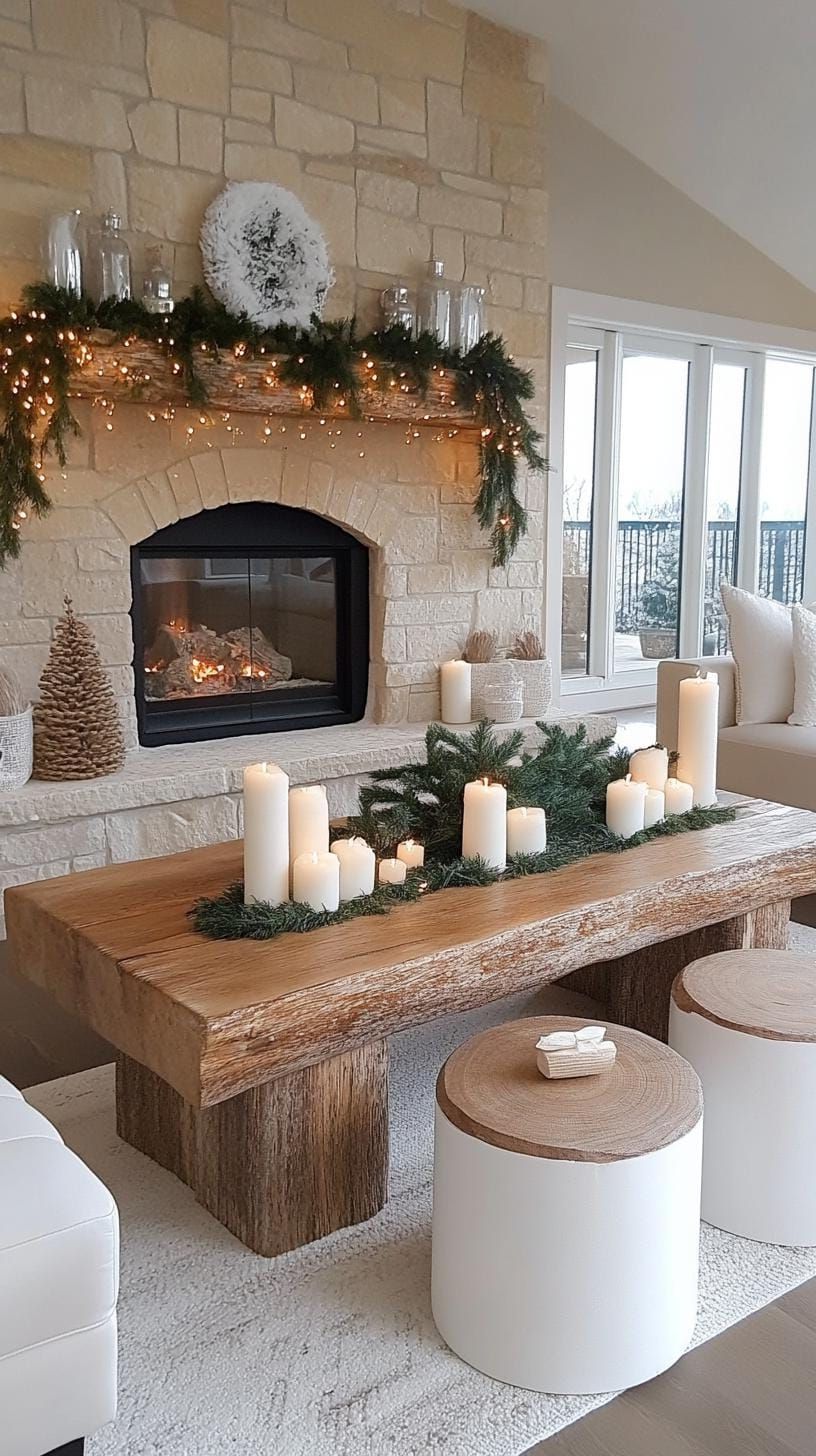 19. Fireplace styling with birch logs and lanterns