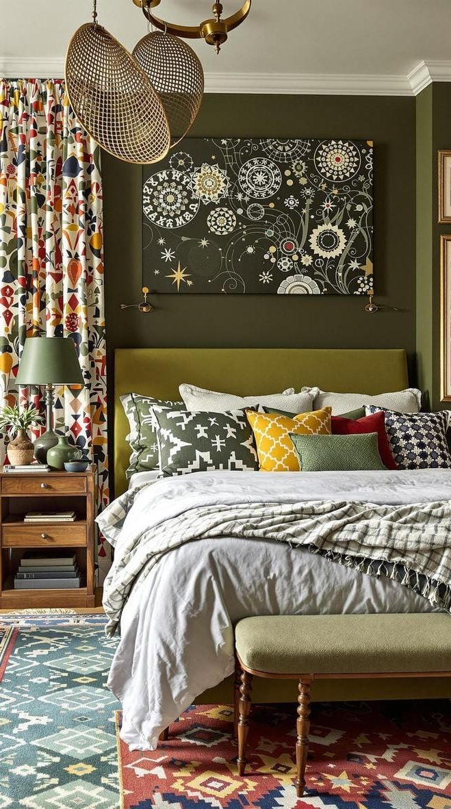13. Eclectic Olive Green Bedroom with Mixed Textiles