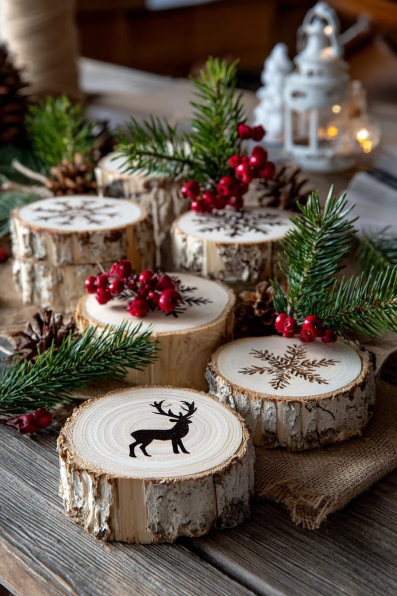 31. Stamped wood slice coasters with snowflakes and reindeer - photo 2