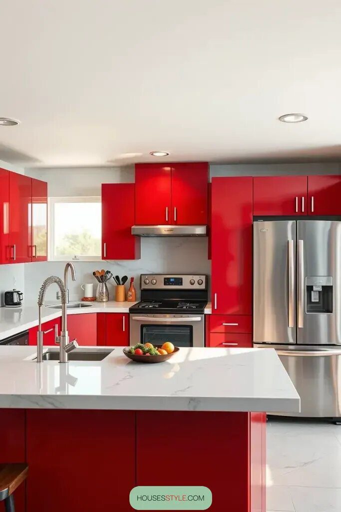 Stainless Steel Appliances Alongside Red Cabinets - photo 2