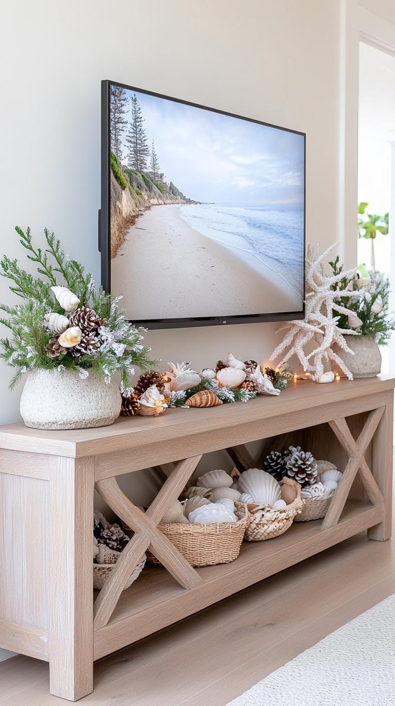 8. Coastal TV stand with driftwood and shell accents