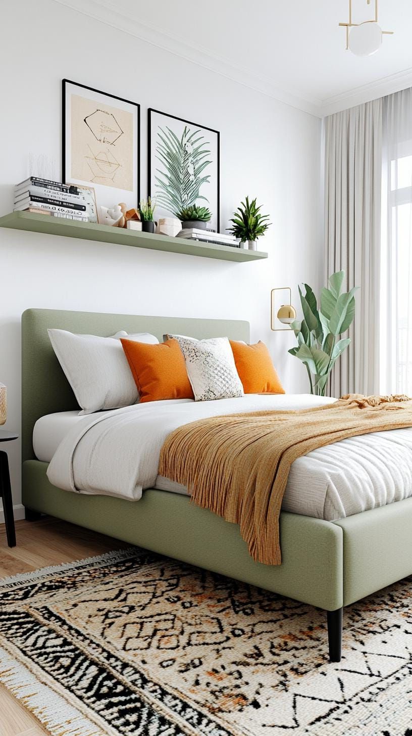 17. Minimalist Bedroom with Floating Sage Green Shelves - photo 3