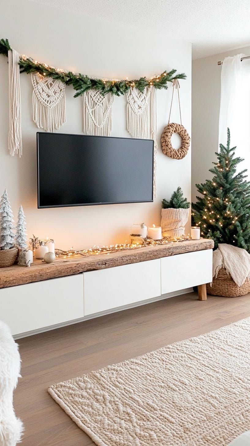9. Boho TV stand with macrame and string lights