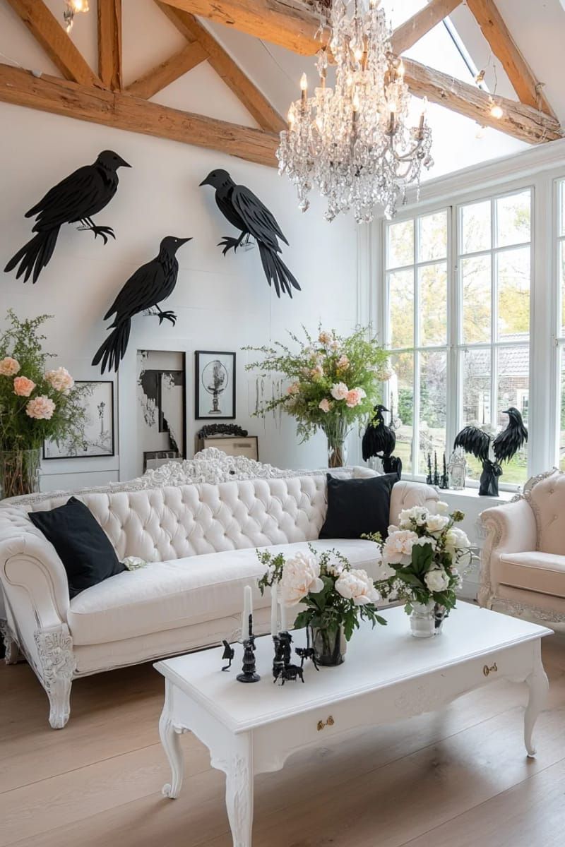 3. Black Paper Ravens on Chandeliers and Ledges