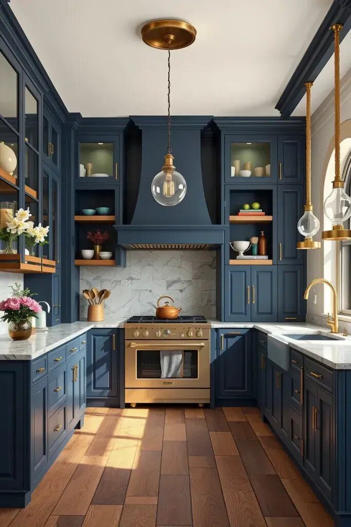 Blue Cabinets Paired with Sage Accents
