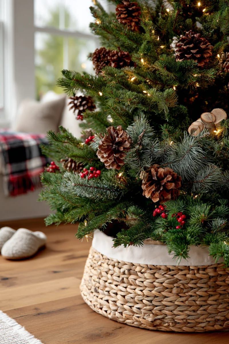 22. Wicker tree skirt with pinecones and birch logs - photo 2