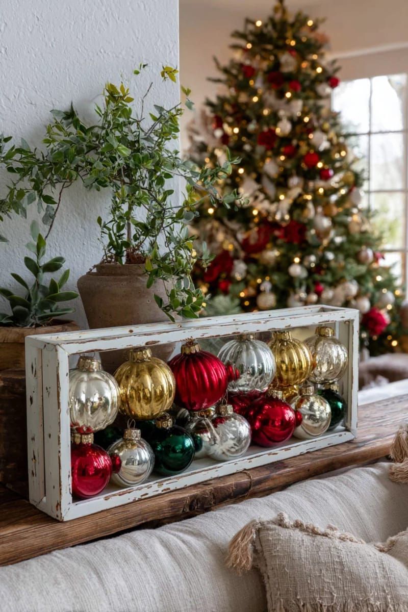 22. Vintage Ornament Shadow Box with Velvet Ribbon