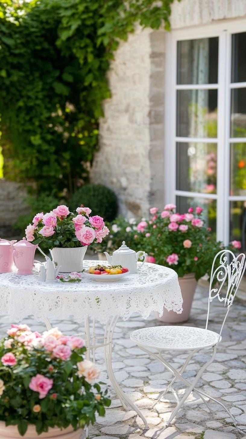 23. French Patio Retreat with Antique Furniture and Roses