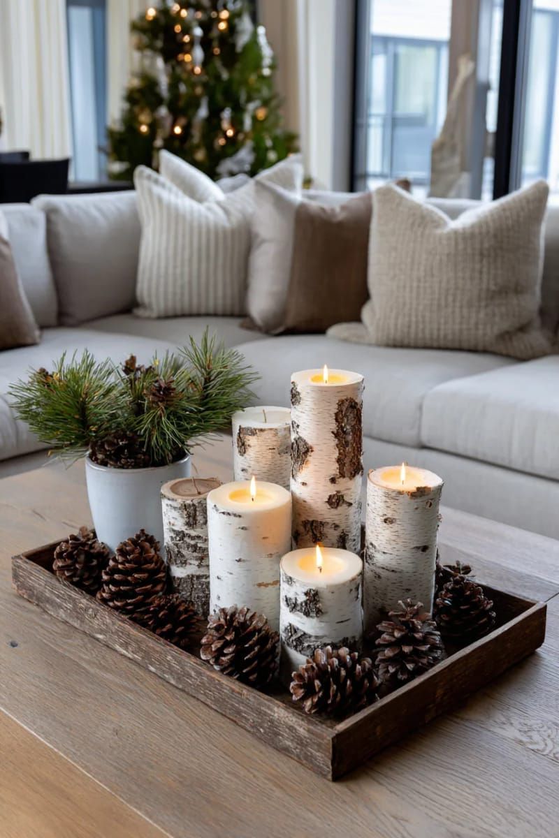 8. Birch log candle holders on a wood tray - photo 2