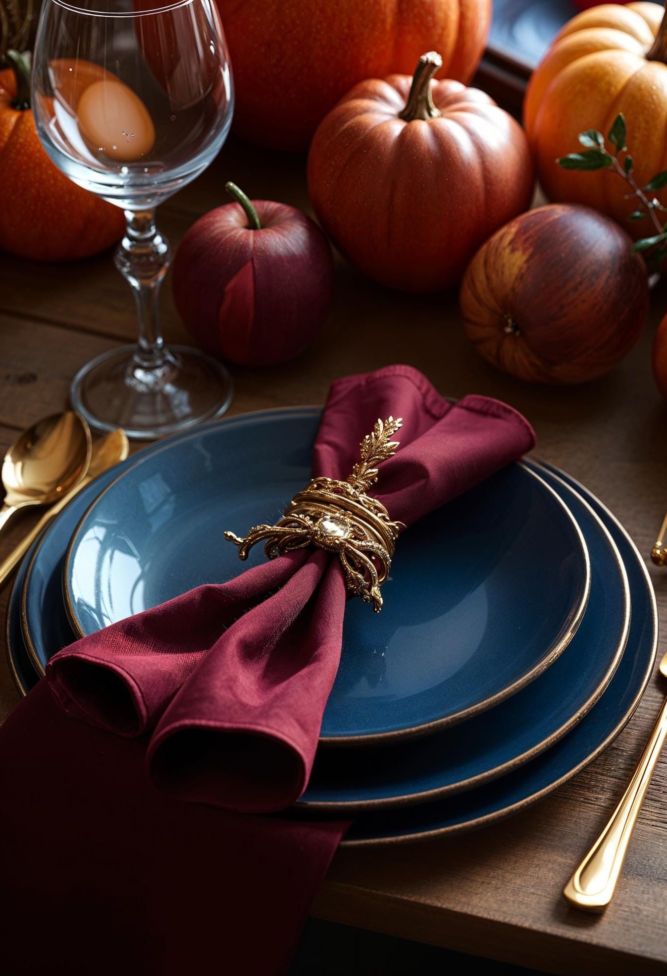 3. Navy and Burgundy Settings With Gold Cutlery - photo 3