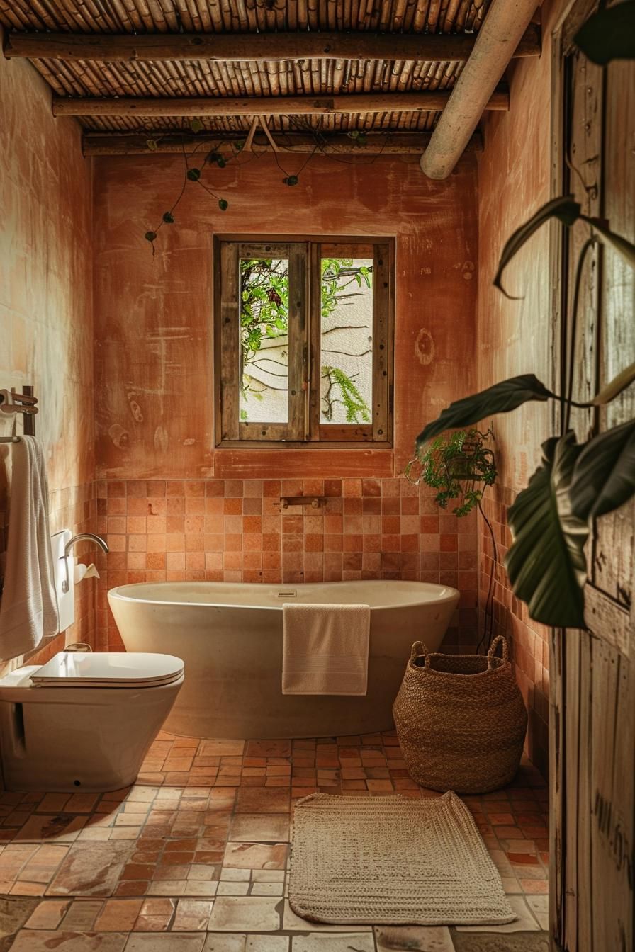 8. Rustic Terracotta Tile for a Cozy Bathroom