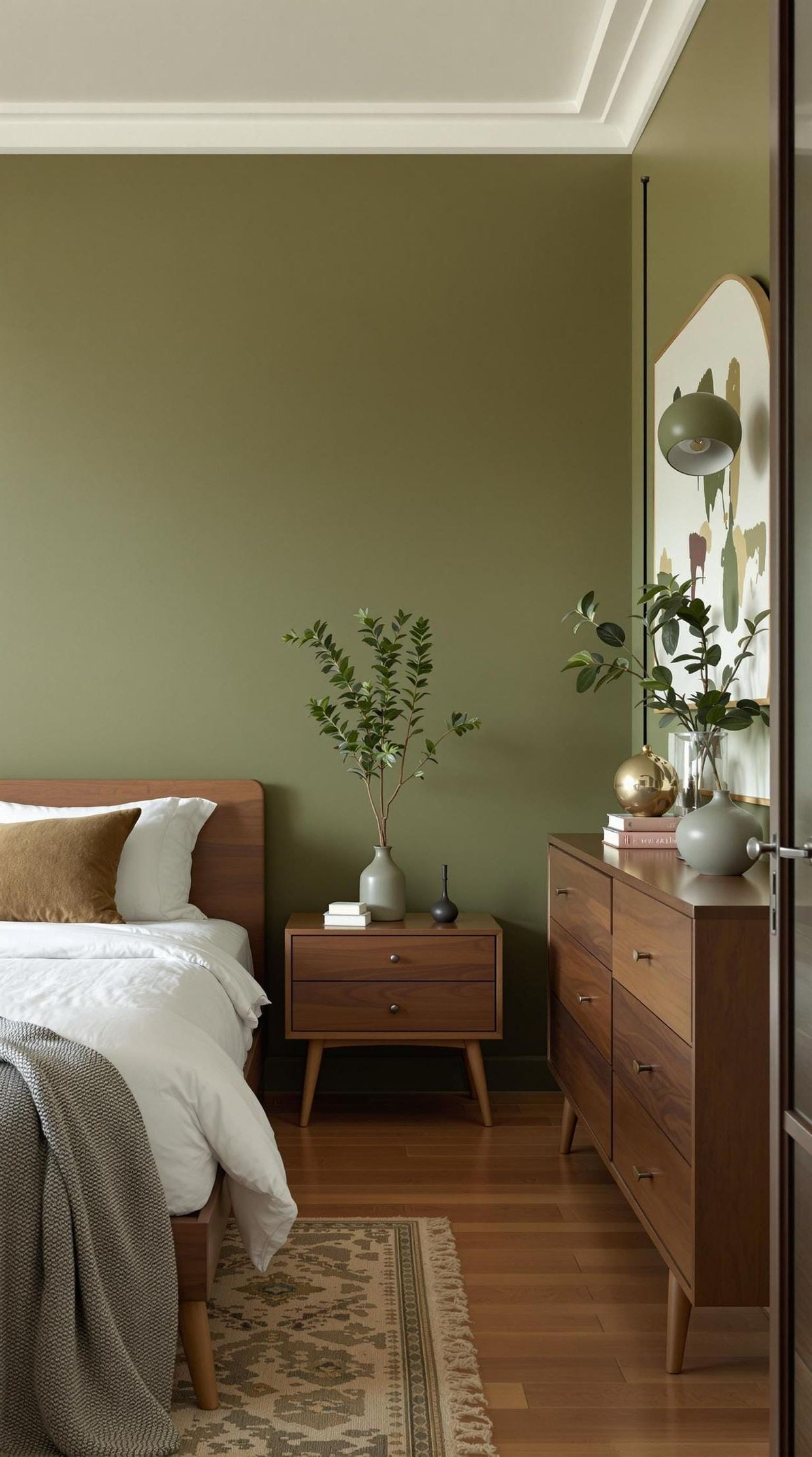 22. Mid-Century Olive Green Bedroom with Walnut Furniture - photo 3