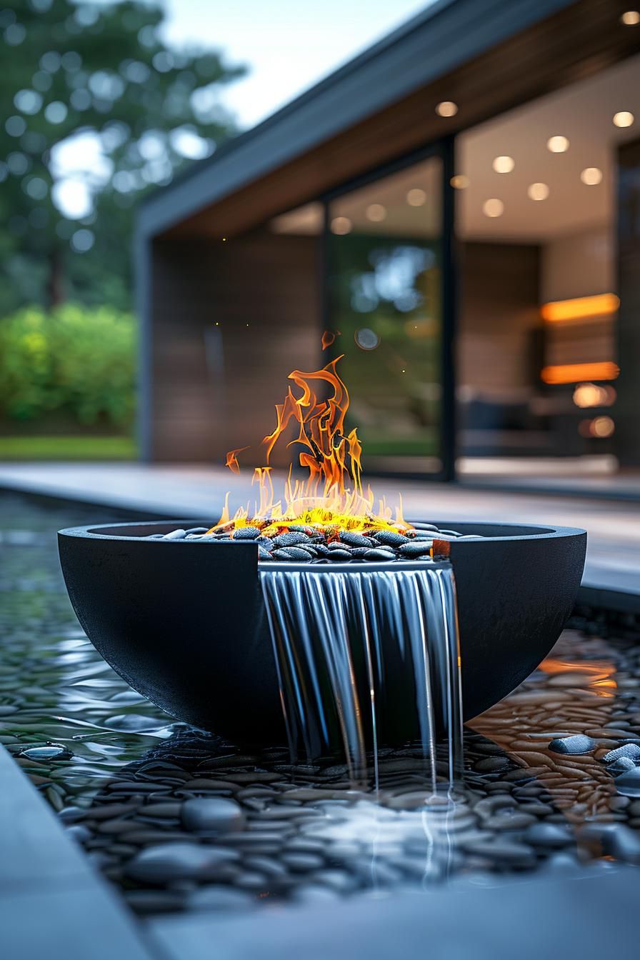 14. Fire Pit and Waterfall Contrast Ideas