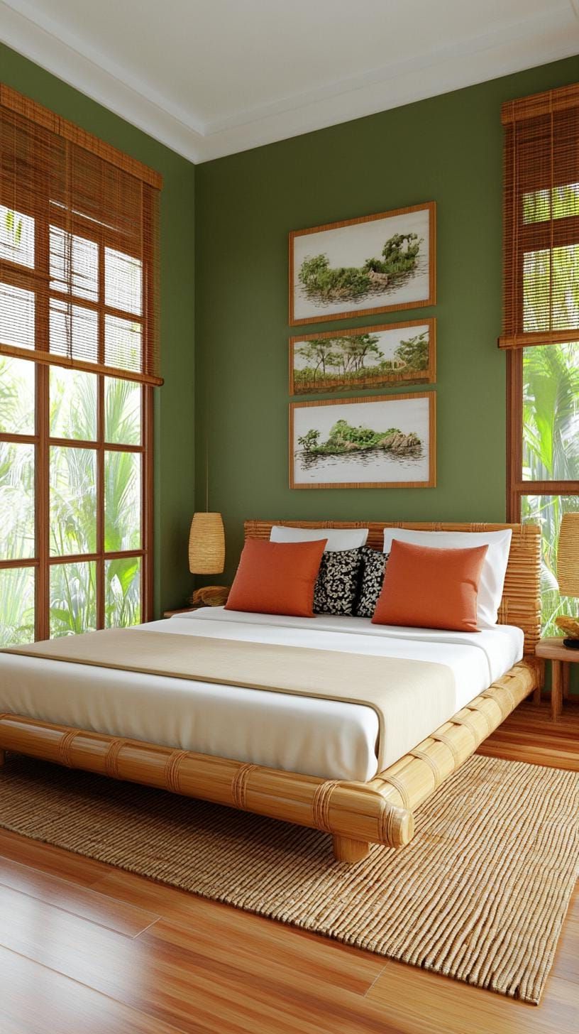 4. Zen Olive Green Bedroom with Bamboo Accents - photo 2