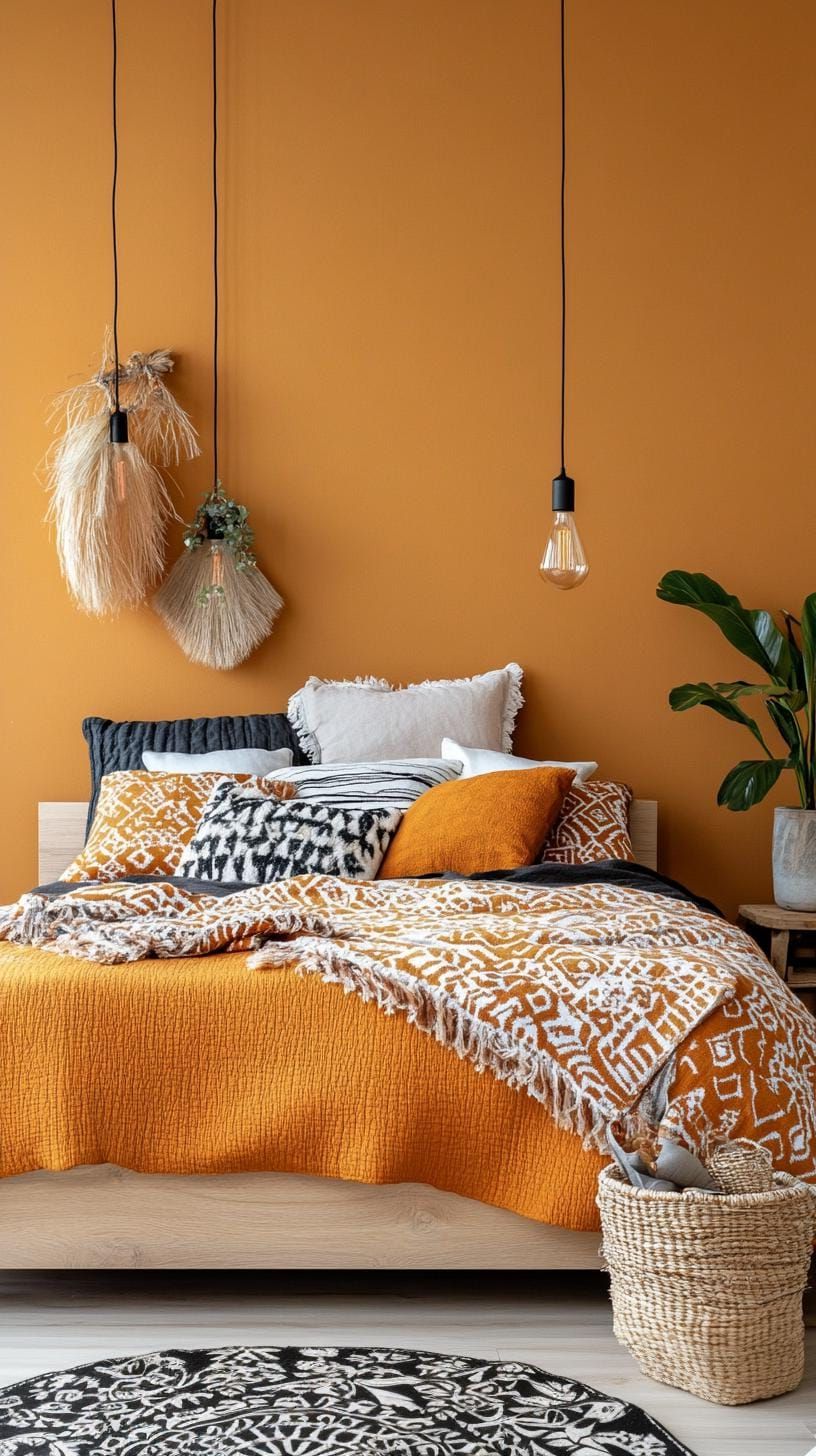22. Terracotta Walls With A Patterned Bedspread And Cozy Lights - photo 3